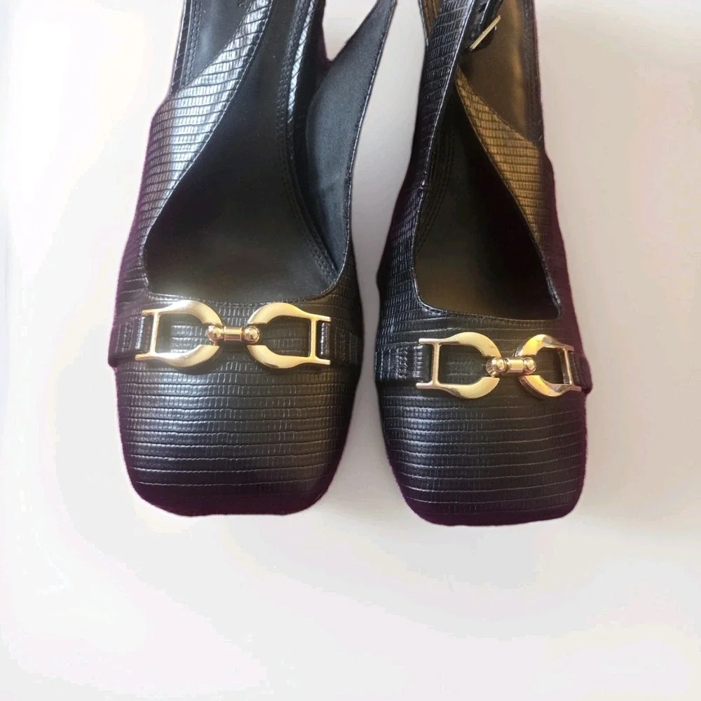 ASOS Design Black Lizard Slingback Block Heels Horsebit Square‎ Toe Size 12